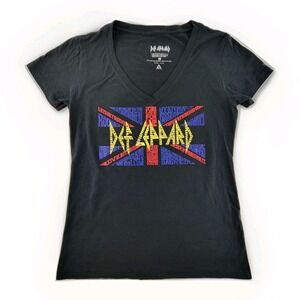 Def Leppard Womens T Shirt Sz M Black Union Jack Graphic Band Tee LA Pop Art